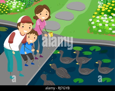 Illustration of a Kid Boy with Parents Feeding Ducks in the Park Stock Photo