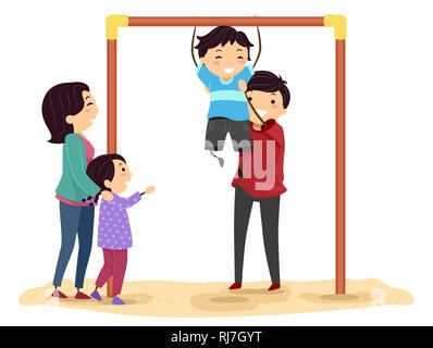 Illustration of Stickman Family Playing with Horizontal Bar  in the Park Stock Photo