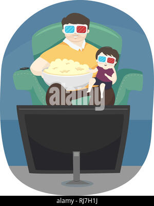Illustration of a Kid Boy with Father Wearing 3D Glasses, Holding Popcorn and Watching Television Stock Photo
