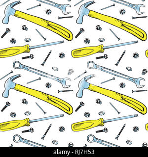 Yellow hammer, screwdriver, wrench with bolt, nut, washer, nail and screw, seamless pattern design, hand drawn doodle, sketch in pop art style Stock Photo