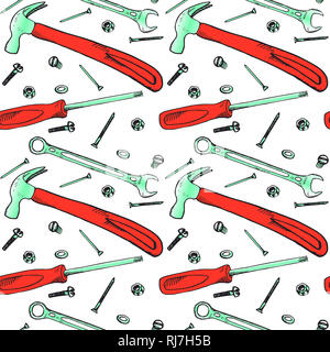Red hammer, screwdriver, wrench with bolt, nut, washer, nail and screw, seamless pattern design, hand drawn doodle, sketch in pop art style Stock Photo