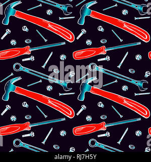 Red hammer, screwdriver, wrench with bolt, nut, washer, nail and screw, seamless pattern design, hand drawn doodle, sketch in pop art style Stock Photo