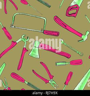 Handsaw, coping saw, chisel, bradawl, hammer, file, screwdriver, wrench, pliers and axe, seamless pattern design, hand drawn doodle, sketch in pop art Stock Photo