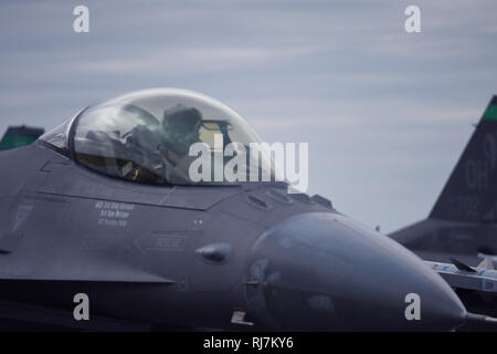 A pilot prepares for takeoff in an F-16 Falcon on January 30, 2019, at Patrick Air Force Base, Fla. The 180th Fighter Wing at Toledo Air National Guard Base, Ohio, sent personnel and aircraft to Patrick AFB to perform various training exercises. (U.S. Air Force photo by Airman 1st Class Zoe Thacker) Stock Photo
