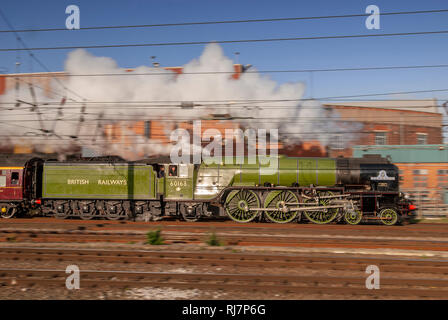 Steam engine Tornado at speed. Warrington Bank Quay. Motion blur. LNER Peppercorn Class A1 60163 Tornado