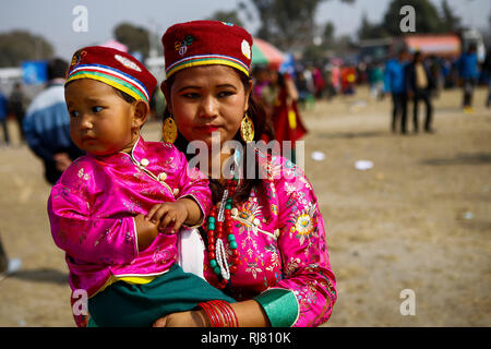 kathmandu nepal 5th feb 2019 a woman with her baby from tamang community in traditional attire arrive to mark the sonam losar or lunar new year sonam losar occurs around the same time of year as does chinese and mongolian new year and it uses the chinese calendar as well credit sunil pradhansopa imageszuma wirealamy live news rj810k