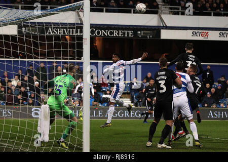 London, UK. 05th Feb, 2019. Darnell Furlong of Queens Park Rangers Credit: heads a chance to score onto the crossbar. The Emirates FA Cup, 4th round replay match, Queens Park Rangers v Portsmouth at Loftus Road stadium in London on Tuesday 5th February 2019. this image may only be used for Editorial purposes. Editorial use only, license required for commercial use. No use in betting, games or a single club/league/player publications. pic by Steffan Bowen/Andrew Orchard sports photography/Alamy Live News