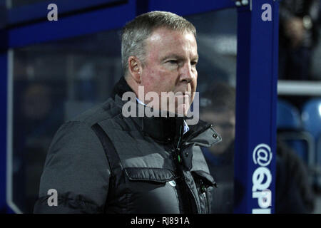 London, UK. 05th Feb, 2019. Portsmouth Manager Kenny Jackett looks on from the dugout. The Emirates FA Cup, 4th round replay match, Queens Park Rangers v Portsmouth at Loftus Road stadium in London on Tuesday 5th February 2019. this image may only be used for Editorial purposes. Editorial use only, license required for commercial use. No use in betting, games or a single club/league/player publications. pic by Steffan Bowen/Andrew Orchard sports photography/Alamy Live news Credit: Andrew Orchard sports photography/Alamy Live News