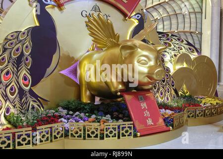 Chinese New Year Celebrations in the Galaxy Hotel and Casino in Macau SAR. Golden pig with wings and a big lucky money Stock Photo