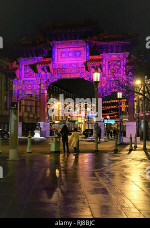 Liverpool, UK. 5th February, 2019. Chinese lanterns and colourful lights light up Nelson Street on Tuesday evening, February 5, in Liverpool's Chinatown for the start of Chinese New Year. The Chinese Arch at the entrance of Nelson Street is also lit up. Credit: Pak Hung Chan/Alamy Live News Stock Photo
