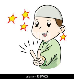 Illustration of Happy muslim boy showing victory gesture sign, isolated on white background, Vector Illustration Stock Vector