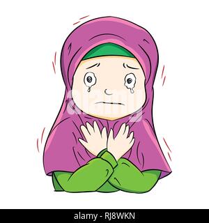 Illustration of crying muslim girl, isolate on white background. Vector Illustration Stock Vector