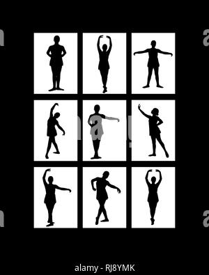 Nine up images in frame - Black silhouette of young teen female on white background in various classical and contemporary ballet poses - pre pointe in Stock Photo