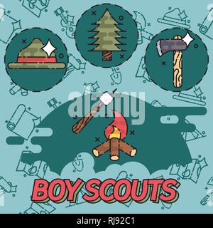 Boy scouts flat concept icons. Adventure exploration Travel Concept Stock Vector