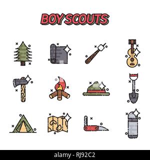 Boy scouts flat concept icons. Adventure exploration Travel Concept Stock Vector