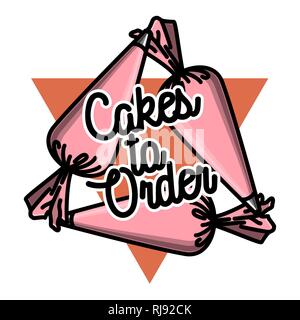 Color vintage cakes to order emblem. Delicious Food. Dessert Cake. Vector illustration, EPS 10 Stock Vector