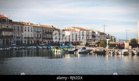 Sete, France - January 4, 2019: view of the marina in the city center where pleasure boats are parked on a winter day Stock Photo