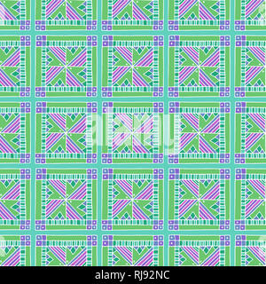 A multicolored digital geometric seamless pattern made with hand drawn tile illustrations - When repeated the tile makes a seamless pattern. Stock Photo