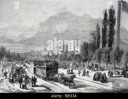 An engraving depicting a horse-drawn tram in the Champs Elysees, Paris. A 4km run of rails was set down between the Place de la Concorde and the Barriere de Passy in the first instance. Dated 19th century Stock Photo