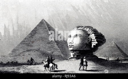 An engraving depicting the Sphinx and the Pyramids of Giza. Dated 19th century Stock Photo