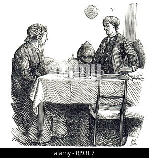 An engraving depicting a tea urn on a dining table. Dated 19th century Stock Photo