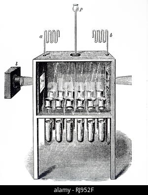 An engraving depicting John Tyndall's apparatus used to study the putrefaction in various liquids. John Tyndall (1820-1893) an Irish-born physicist. Dated 19th century Stock Photo