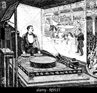 An engraving depicting an audience watching a performance on Reynaud's projecting praxinoscope. The praxinoscope was an animation device. Charles-Emile Reynaud (1844-1918) a French inventor. Dated 19th century Stock Photo