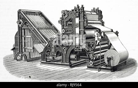 An engraving depicting the Walter rotary press, installed for printing The Times in 1866. Two such machines, each producing 11,000 copies per hour, could be operated by an overseer and six unskilled men. Dated 19th century