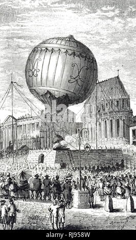 Engraving depicting the Montgolfier balloon making its ascent at the Chateau de la Muette. Invented by Joseph-Michel Montgolfier (1740-1810) and Jacques-Etienne Montgolfier (1745-1799). Dated 19th century Stock Photo