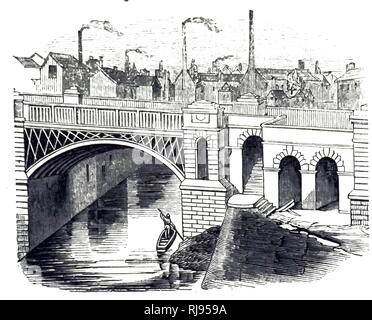 An engraving depicting an iron bridge over the River Irwell, Manchester. Dated 19th century Stock Photo