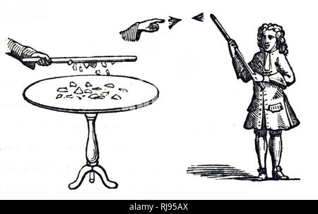 An engraving depicting Stephen Gray's experiment with static electricity caused by rubbing a glass rod. Stephen Grey (1666-1736) an English dyer and astronomer. Dated 19th century Stock Photo