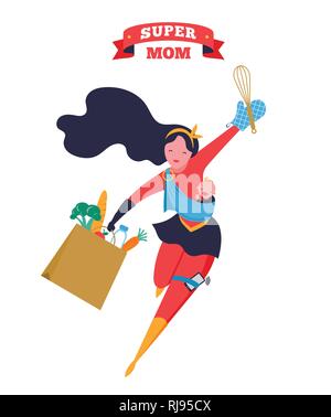 Super Mom. Flying superhero mother carrying a baby. Vector illustration Stock Vector