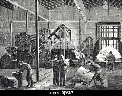 An engraving depicting the Walter rotary press, installed for printing The Times in 1866. Two such machines, each producing 11,000 copies per hour, could be operated by an overseer and six unskilled men. Dated 19th century