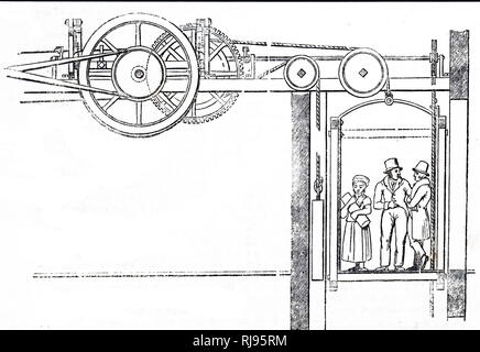 An engraving depicting a factory 'Teagle' or hoist. This lift, which was powered by the engine which ran the textile machinery, was used in many large textile mills to carry personnel from one floor to another. Dated 19th century Stock Photo