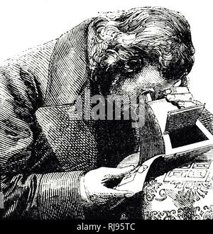 An engraving depicting a man using a stereoscope, a device by which two photographs of the same object taken at slightly different angles are viewed together, creating an impression of depth and solidity. Dated 19th century Stock Photo