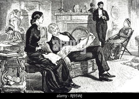 An engraving depicting a middle-class Victorian family