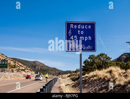 Musical highway, musical road on old Route 66 rumble strips play America the Beautiful when driving at exactly 45 mph, Tijeras, New Mexico, USA. Stock Photo