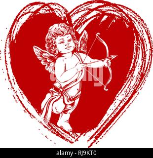 angel , little baby. Cupid shoots a bow with an arrow, Valentine s day, greeting card hand drawn vector illustration realistic sketch Stock Vector