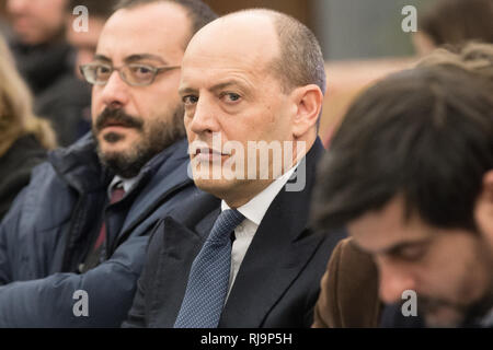 Rome, Italy. 05th Feb, 2019. Mauro Baldissoni, executive vice-president of AS Roma Mayor of Rome Virginia Raggi presents to the press the technical report of the Polytechnic University of Turin on the Tor di Valle stadium project Credit: Matteo Nardone/Pacific Press/Alamy Live News Stock Photo