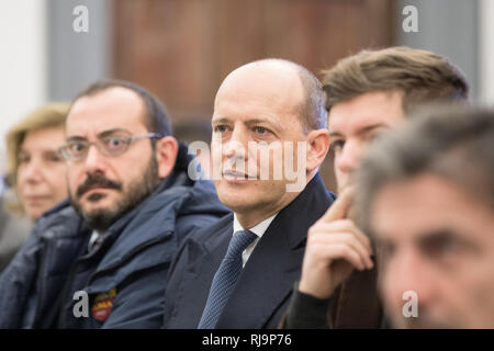 Rome, Italy. 05th Feb, 2019. Mauro Baldissoni, executive vice-president of AS Roma Mayor of Rome Virginia Raggi presents to the press the technical report of the Polytechnic University of Turin on the Tor di Valle stadium project Credit: Matteo Nardone/Pacific Press/Alamy Live News Stock Photo