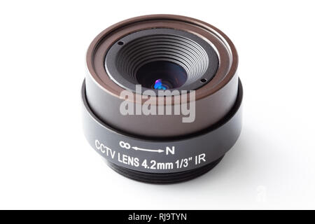Lens for video surveillance systems, close-up on a white background. Stock Photo