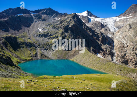 Österreich, Tirol, Stubaier Alpen, Neustift, Grünausee und Wilder Freiger im Sommer Stock Photo
