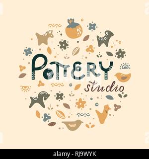 Circle template pottery workshop, ceramics classes banner illustration. Pottery wheel, potter, clay horse, and other ceramic products in the icon set in flat style with a doodle. Stock Vector