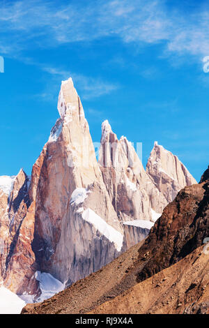 Famous beautiful peak Cerro Torre in Patagonia mountains, Argentina. Beautiful mountains landscapes in South America. Stock Photo