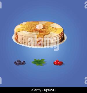 Pancakes with a slice of butter, blueberries, mint leaves and currants set. Russian Celebration Pancake Week - Maslenitsa 10 eps Stock Vector