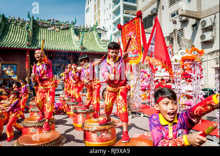 A Cambodian dance and musical group practice their skills ahead of Chinese New Year in the city of Phnom Penh. Stock Photo