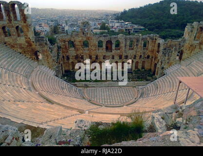 The Odeon of Herodes Atticus, on the southwest slope of the Acropolis of Athens, Greece. The building was completed in 161 AD and then renovated in 1950 Stock Photo