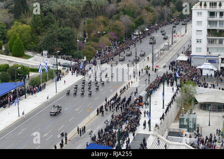 Greek military, parade in Athens for the 2018 Independence Day Celebrations. Greece is a member of the North Atlantic Treaty Organization (NATO). Stock Photo