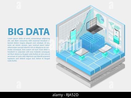 Big data and analytics concept with digital data cube as isometric vector illustration Stock Vector