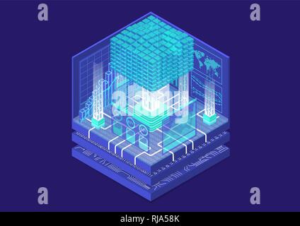 Big data and analytics concept with digital data cube and as isometric vector illustration Stock Vector